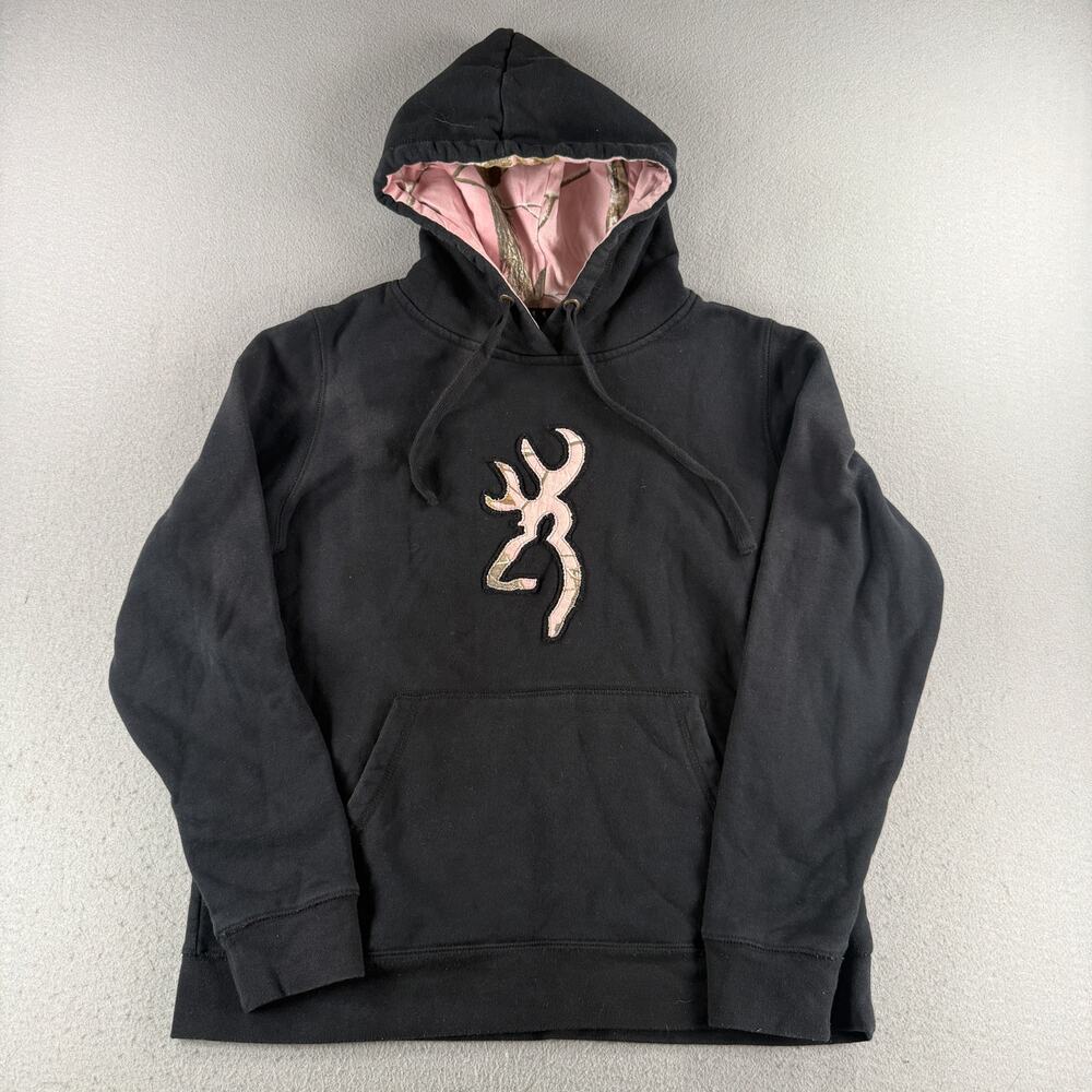Browning Women's XL Black Hoodie Pink Camo Buckmark Hunting Pullover Sweatshirt